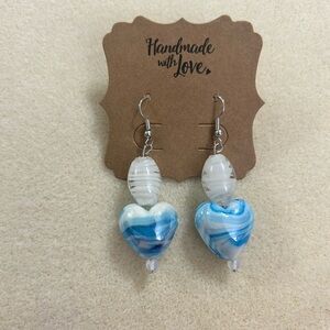 Handmade blue and white beaded heart earrings